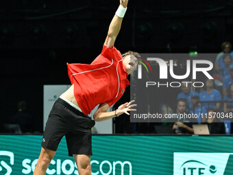 Alexander Blockx (BEL) competes during the 2024 Davis Cup Finals Group Stage Bologna match between Italy and Belgium at Unipol Arena on Sept...