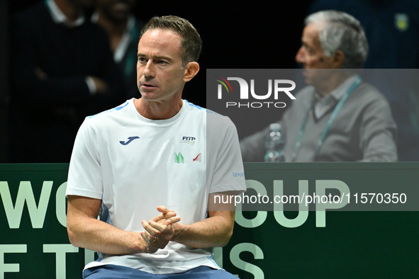 Italian Captain Filippo Volandri (ITA) during the 2024 Davis Cup Finals Group Stage Bologna match between Italy and Belgium at Unipol Arena...