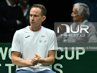 Italian Captain Filippo Volandri (ITA) during the 2024 Davis Cup Finals Group Stage Bologna match between Italy and Belgium at Unipol Arena...