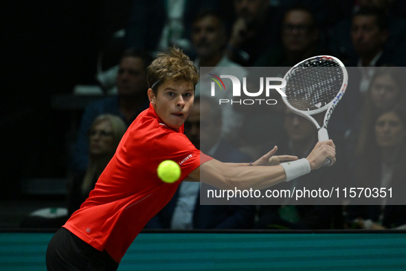 Alexander Blockx (BEL) competes during the 2024 Davis Cup Finals Group Stage Bologna match between Italy and Belgium at Unipol Arena on Sept...