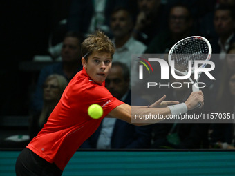 Alexander Blockx (BEL) competes during the 2024 Davis Cup Finals Group Stage Bologna match between Italy and Belgium at Unipol Arena on Sept...