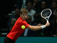 Alexander Blockx (BEL) competes during the 2024 Davis Cup Finals Group Stage Bologna match between Italy and Belgium at Unipol Arena on Sept...