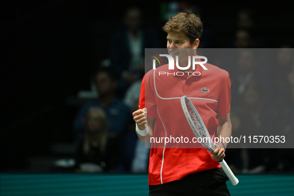 Alexander Blockx (BEL) competes during the 2024 Davis Cup Finals Group Stage Bologna match between Italy and Belgium at Unipol Arena on Sept...