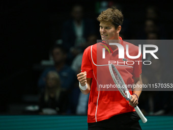 Alexander Blockx (BEL) competes during the 2024 Davis Cup Finals Group Stage Bologna match between Italy and Belgium at Unipol Arena on Sept...