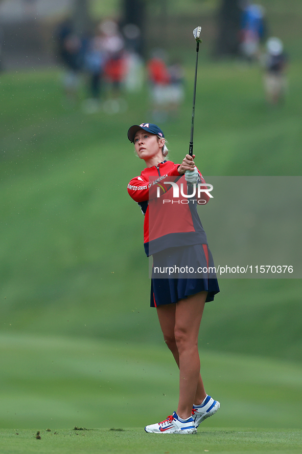 GAINESVILLE, VIRGINIA - SEPTEMBER 13: Nelly Korda of the United States hits to the 8th green during Day One of the Solheim Cup at Robert Tre...