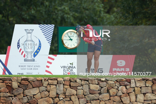 GAINESVILLE, VIRGINIA - SEPTEMBER 13: Allisen Corpuz of the United States hits from the 9th tee during Day One of the Solheim Cup at Robert...