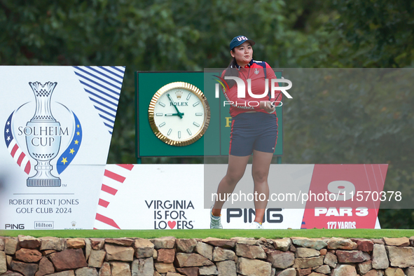 GAINESVILLE, VIRGINIA - SEPTEMBER 13: Allisen Corpuz of the United States hits from the 9th tee during Day One of the Solheim Cup at Robert...