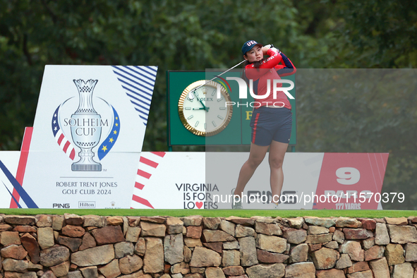 GAINESVILLE, VIRGINIA - SEPTEMBER 13: Allisen Corpuz of the United States hits from the 9th tee during Day One of the Solheim Cup at Robert...