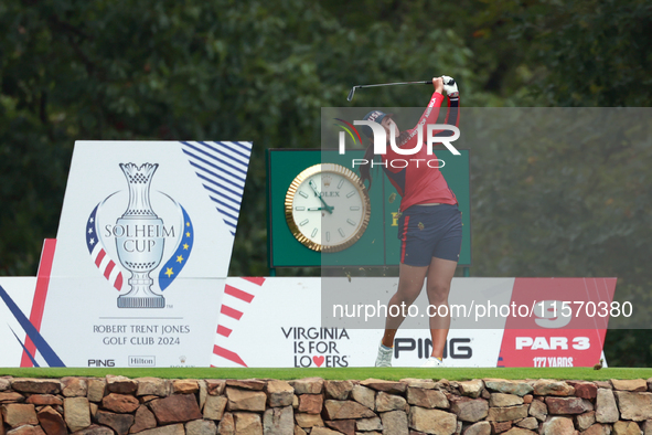 GAINESVILLE, VIRGINIA - SEPTEMBER 13: Allisen Corpuz of the United States hits from the 9th tee during Day One of the Solheim Cup at Robert...