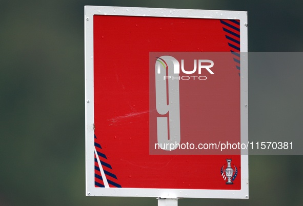 GAINESVILLE, VIRGINIA - SEPTEMBER 13: The sign for the 9th green is visible during Day One of the Solheim Cup at Robert Trent Jones Golf Clu...