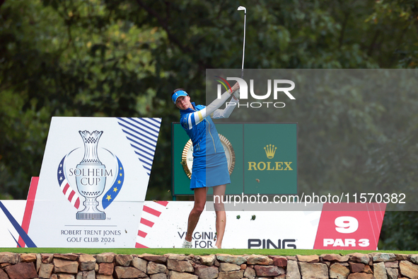 GAINESVILLE, VIRGINIA - SEPTEMBER 13: Esther Henseleit of Team Europe  hits from the 9th tee during Day One of the Solheim Cup at Robert Tre...