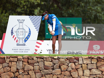 GAINESVILLE, VIRGINIA - SEPTEMBER 13: Esther Henseleit of Team Europe  hits from the 9th tee during Day One of the Solheim Cup at Robert Tre...