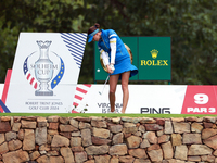 GAINESVILLE, VIRGINIA - SEPTEMBER 13: Esther Henseleit of Team Europe  hits from the 9th tee during Day One of the Solheim Cup at Robert Tre...