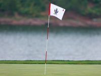 GAINESVILLE, VIRGINIA - SEPTEMBER 13: The flag for the 9th hole wafts in the breeze during Day One of the Solheim Cup at Robert Trent Jones...