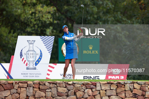 GAINESVILLE, VIRGINIA - SEPTEMBER 13: Esther Henseleit of Team Europe  hits from the 9th tee during Day One of the Solheim Cup at Robert Tre...