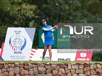 GAINESVILLE, VIRGINIA - SEPTEMBER 13: Esther Henseleit of Team Europe  hits from the 9th tee during Day One of the Solheim Cup at Robert Tre...