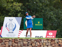 GAINESVILLE, VIRGINIA - SEPTEMBER 13: Esther Henseleit of Team Europe  hits from the 9th tee during Day One of the Solheim Cup at Robert Tre...