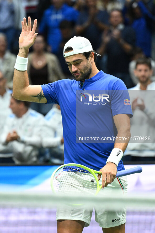 Matteo Berrettini (ITA) competes during the 2024 Davis Cup Finals Group Stage Bologna match between Italy and Belgium at Unipol Arena in Bol...