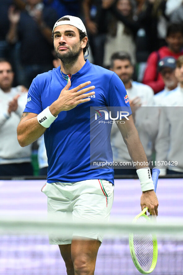 Matteo Berrettini (ITA) competes during the 2024 Davis Cup Finals Group Stage Bologna match between Italy and Belgium at Unipol Arena in Bol...