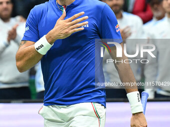 Matteo Berrettini (ITA) competes during the 2024 Davis Cup Finals Group Stage Bologna match between Italy and Belgium at Unipol Arena in Bol...