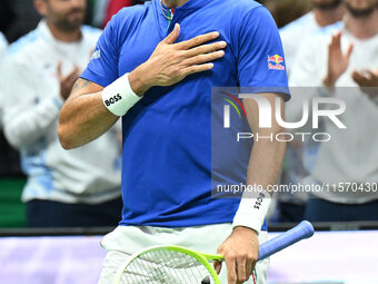 Matteo Berrettini (ITA) competes during the 2024 Davis Cup Finals Group Stage Bologna match between Italy and Belgium at Unipol Arena in Bol...