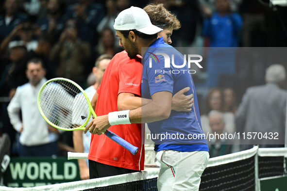 Matteo Berrettini (ITA) competes during the 2024 Davis Cup Finals Group Stage Bologna match between Italy and Belgium at Unipol Arena in Bol...