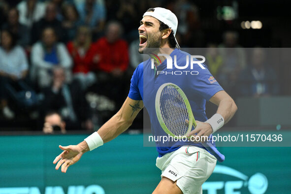 Matteo Berrettini (ITA) competes during the 2024 Davis Cup Finals Group Stage Bologna match between Italy and Belgium at Unipol Arena in Bol...