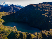 A drone captures an aerial view of Timbung Mountain Lake in Taplejung, Nepal, on September 10, 2024. (