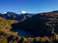 A drone captures an aerial view of Timbung Mountain Lake in Taplejung, Nepal, on September 10, 2024. (