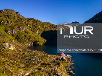 A drone captures an aerial view of Timbung Mountain Lake in Taplejung, Nepal, on September 10, 2024. (