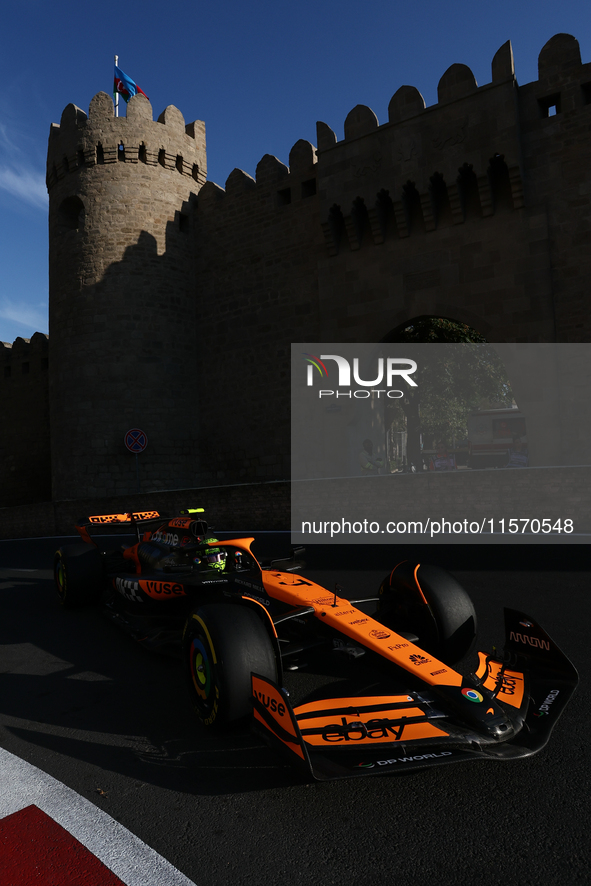 Lando Norris of McLaren during second practice ahead of the Formula 1 Grand Prix of Azerbaijan at Baku City Circuit in Baku, Azerbaijan on S...