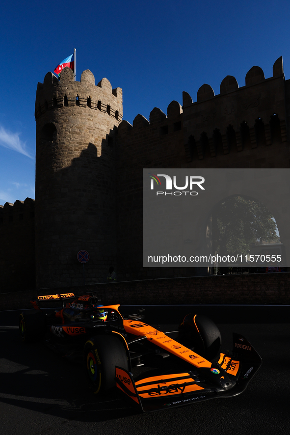 Oscar Piastri of McLaren during second practice ahead of the Formula 1 Grand Prix of Azerbaijan at Baku City Circuit in Baku, Azerbaijan on...