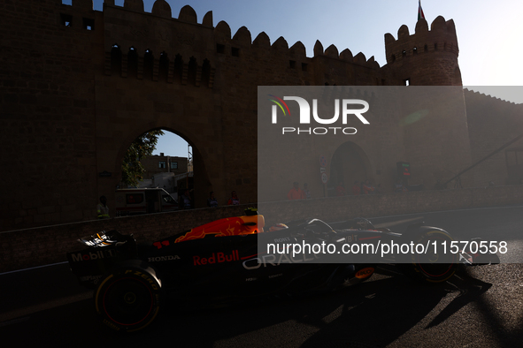 Sergio Perez of Red Bull Racing during second practice ahead of the Formula 1 Grand Prix of Azerbaijan at Baku City Circuit in Baku, Azerbai...