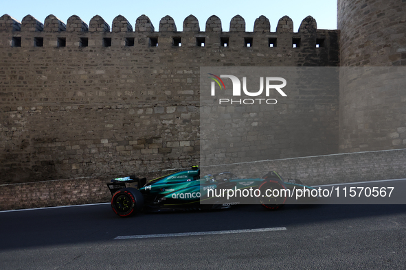 Fernando Alonso of Aston Martin Aramco during second practice ahead of the Formula 1 Grand Prix of Azerbaijan at Baku City Circuit in Baku,...