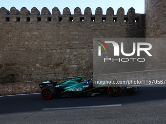 Fernando Alonso of Aston Martin Aramco during second practice ahead of the Formula 1 Grand Prix of Azerbaijan at Baku City Circuit in Baku,...