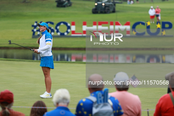 GAINESVILLE, VIRGINIA - SEPTEMBER 13: Linn Grant of Team Europe reacts to her putt on the 4th hole during Foursome Matches on Day One of the...