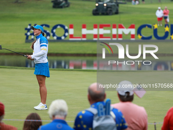 GAINESVILLE, VIRGINIA - SEPTEMBER 13: Linn Grant of Team Europe reacts to her putt on the 4th hole during Foursome Matches on Day One of the...