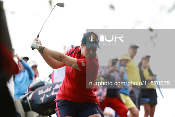 GAINESVILLE, VIRGINIA - SEPTEMBER 13: Ally Ewing of the United States hits out of the rough toward the 12th green during Foursome Matches on...