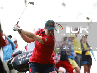 GAINESVILLE, VIRGINIA - SEPTEMBER 13: Ally Ewing of the United States hits out of the rough toward the 12th green during Foursome Matches on...