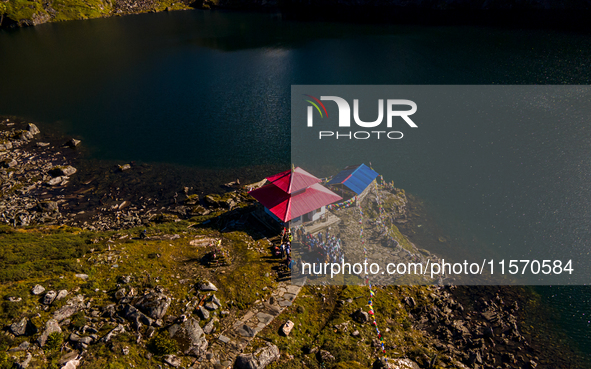 A drone captures an aerial view of the first Timbung Pokhari Trail Run competition in Taplejung, Nepal, on September 11, 2024. 