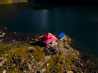 A drone captures an aerial view of the first Timbung Pokhari Trail Run competition in Taplejung, Nepal, on September 11, 2024. (