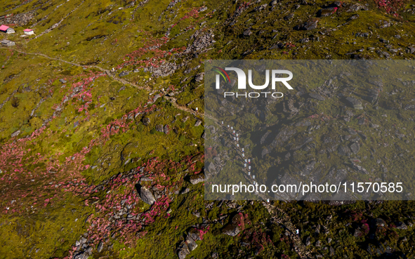 A drone captures an aerial view of the first Timbung Pokhari Trail Run competition in Taplejung, Nepal, on September 11, 2024. 