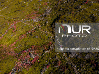 A drone captures an aerial view of the first Timbung Pokhari Trail Run competition in Taplejung, Nepal, on September 11, 2024. (