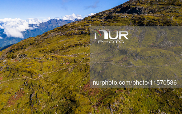 A drone captures an aerial view of the first Timbung Pokhari Trail Run competition in Taplejung, Nepal, on September 11, 2024. 