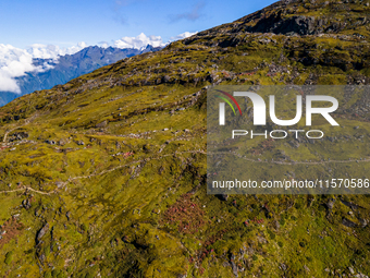 A drone captures an aerial view of the first Timbung Pokhari Trail Run competition in Taplejung, Nepal, on September 11, 2024. (