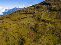 A drone captures an aerial view of the first Timbung Pokhari Trail Run competition in Taplejung, Nepal, on September 11, 2024. (