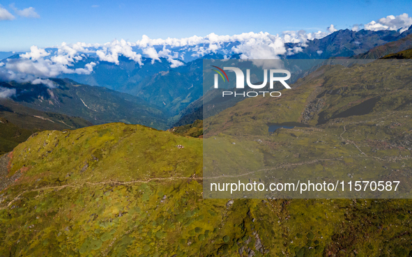 A drone captures an aerial view of the first Timbung Pokhari Trail Run competition in Taplejung, Nepal, on September 11, 2024. 