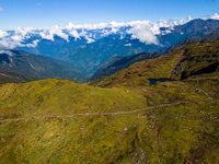 A drone captures an aerial view of the first Timbung Pokhari Trail Run competition in Taplejung, Nepal, on September 11, 2024. (