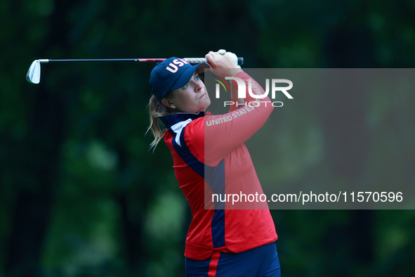 GAINESVILLE, VIRGINIA - SEPTEMBER 13: Lauren Coughlin of the United States looks down the fairway from the 9th tee during Day One of the Sol...