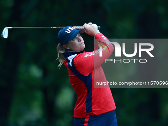 GAINESVILLE, VIRGINIA - SEPTEMBER 13: Lauren Coughlin of the United States looks down the fairway from the 9th tee during Day One of the Sol...